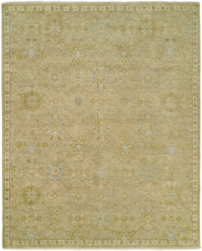 Transitional hand-knotted wool rug in gold and beige, full view