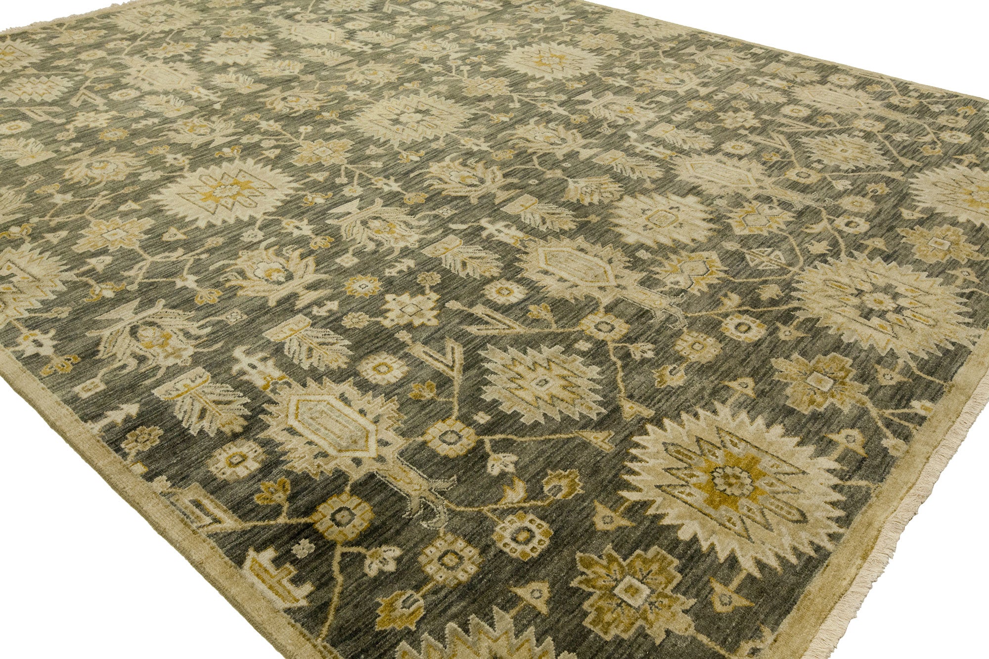 Round shape option, transitional wool rug in olive green and beige