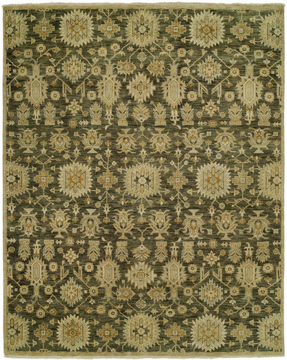 Transitional hand-knotted wool rug in olive green and beige, full view