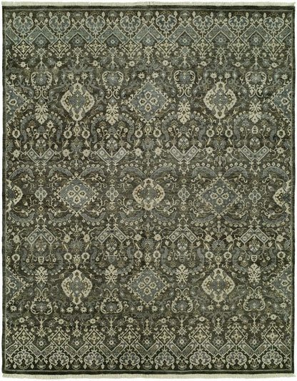 Ikat hand-knotted wool rug in gray, full view