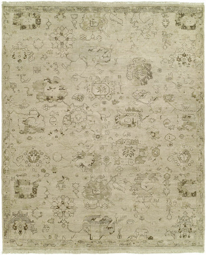 Transitional hand-knotted wool rug in beige and gray, full view
