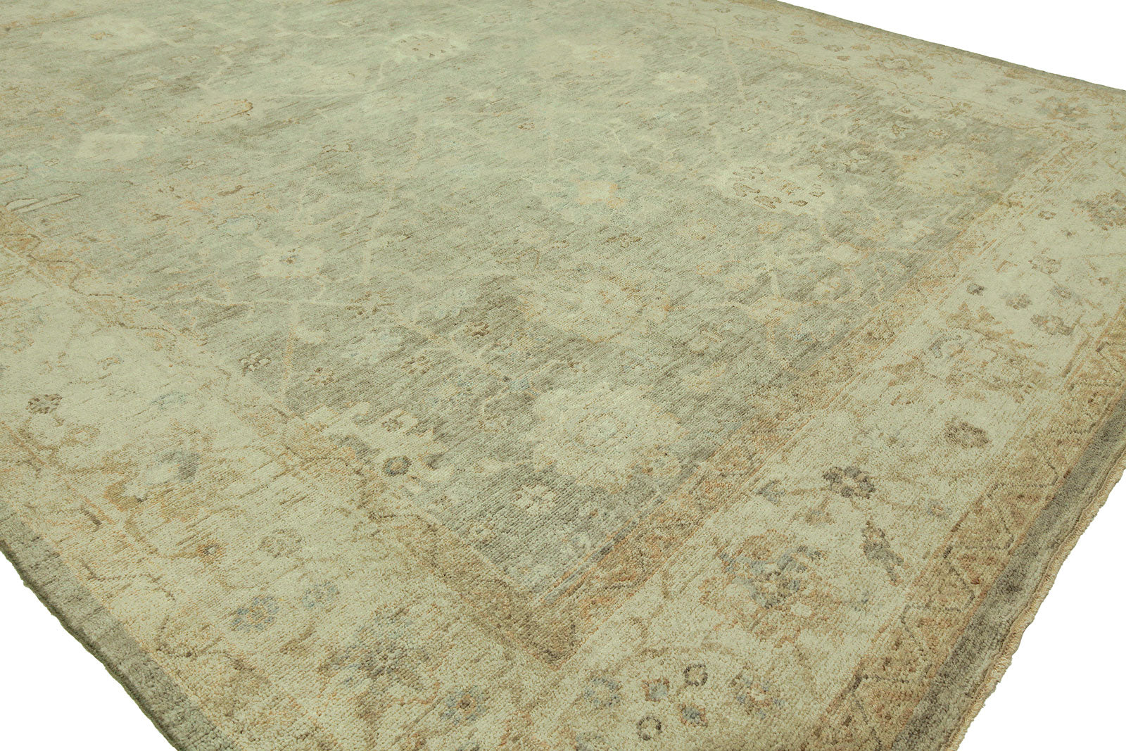 Round shape option, Oushak wool rug in soft green and white