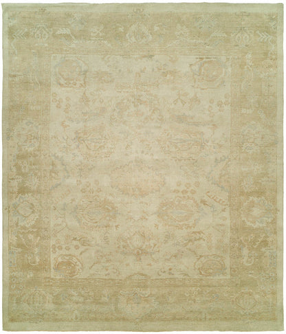 Oushak hand-knotted wool rug in beige and soft gold, full view