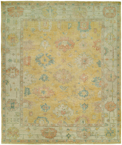 Oushak hand-knotted wool rug in gold and beige, full view