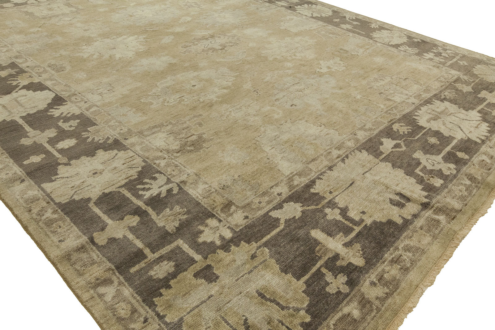 Round shape option, transitional wool rug in beige and brown