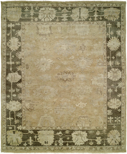Transitional hand-knotted wool rug in beige and brown, full view