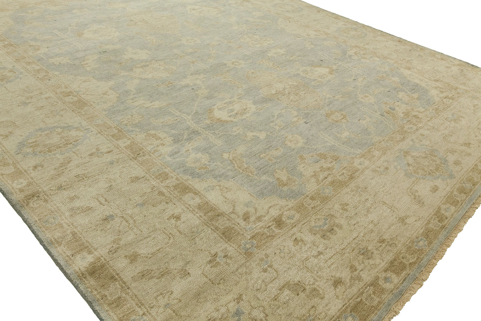 Round shape option, Oushak wool rug in blue and beige
