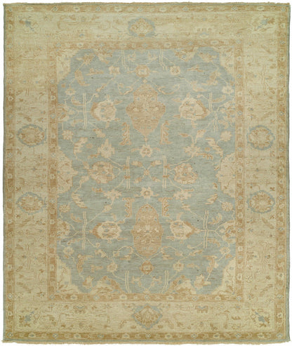 Oushak hand-knotted wool rug in blue and beige, full view