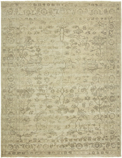 Traditional hand-knotted wool rug in beige and brown, full view
