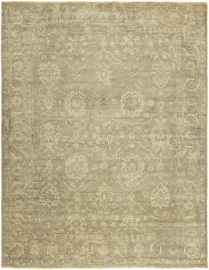 Traditional hand-knotted wool rug in beige and gray, full view