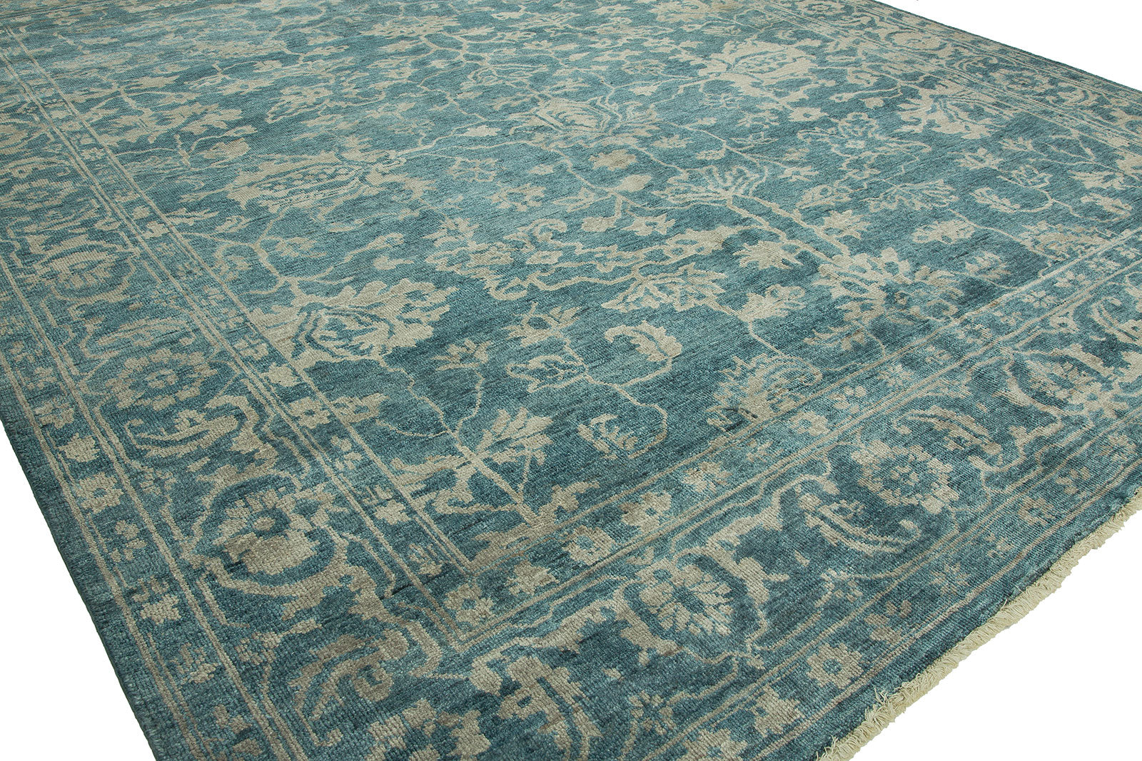 Round shape option, traditional wool rug in teal and beige