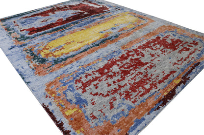 Modern Abstract Distress Design Viscose Hand knotted Rug 9x12 -w2339