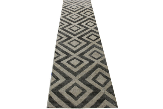 Modern Diamond Design Wool/silk Hand Knotted Rug 2.6x12.0 -w2047