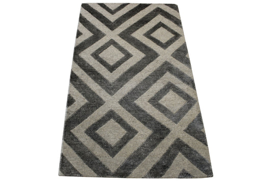 Modern Diamond Design Wool/Silk Hand Knotted Rug 2x4 - w2041
