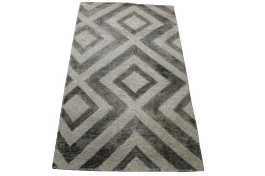 Modern Diamond Design Wool/Silk Hand Knotted Rug 2x4 - w2042