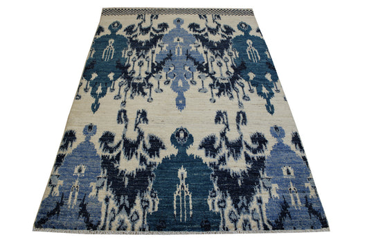 Transitional Moroccan Ikat Design Chobie Wool Hand Knotted Rug 4x6 - w2110