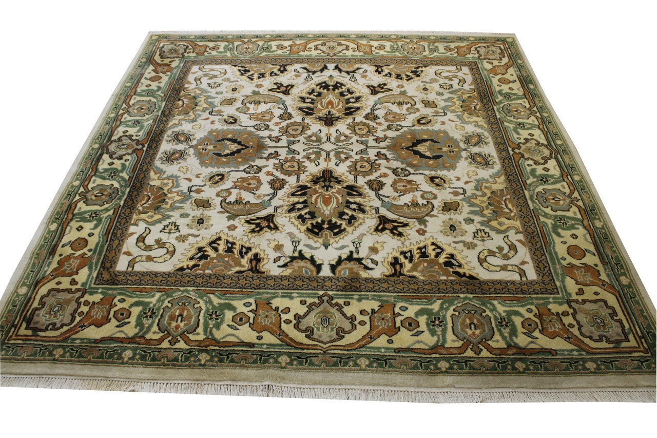 Traditional Indo Zigler Wool Hand Knotted Rug 8.0x8.0 Green/ivory -tr-131