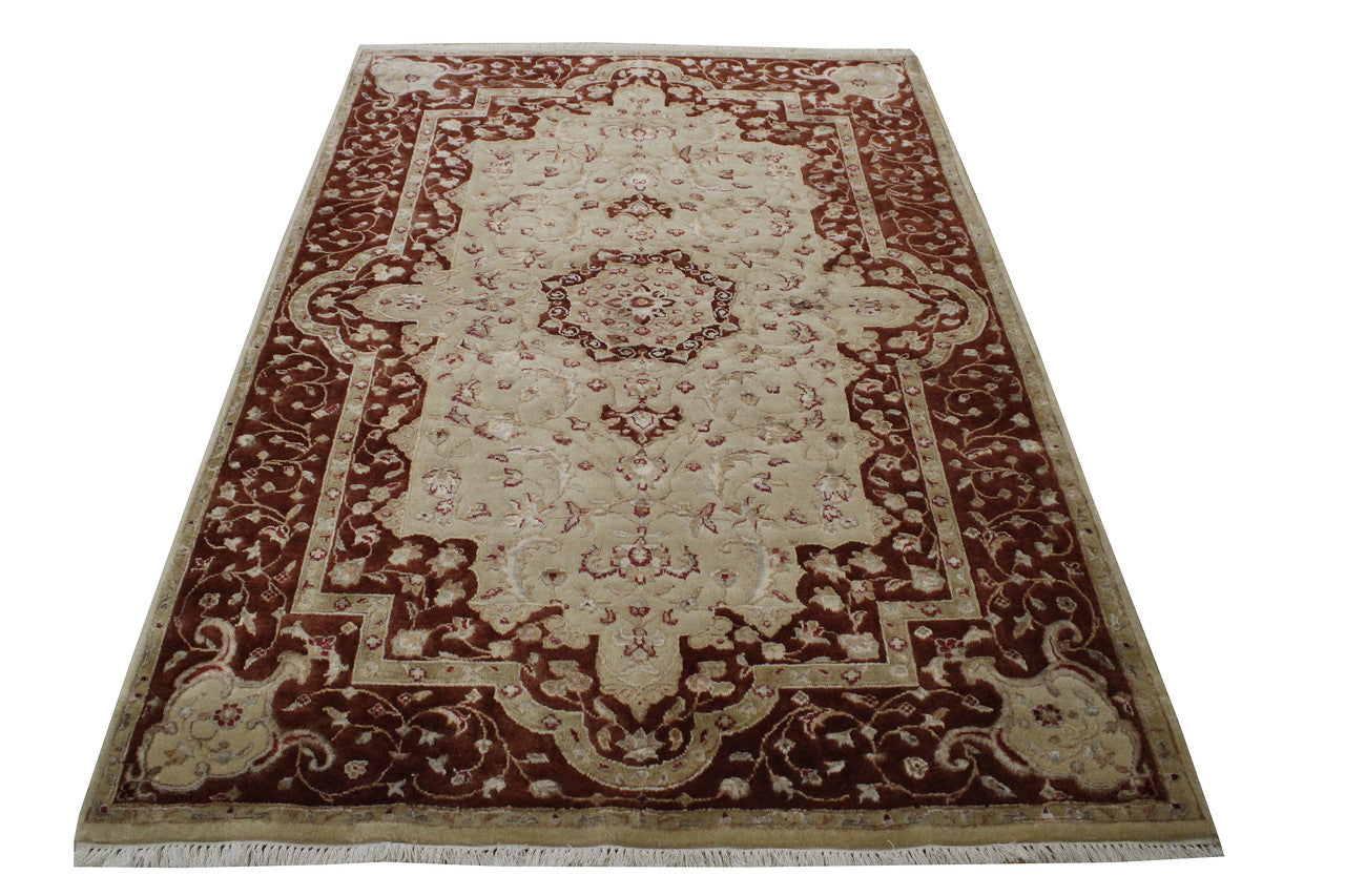 Traditional Jaipur Tabriz Design Wool/Silk Hand Knotted Rug 4x6 - w2213