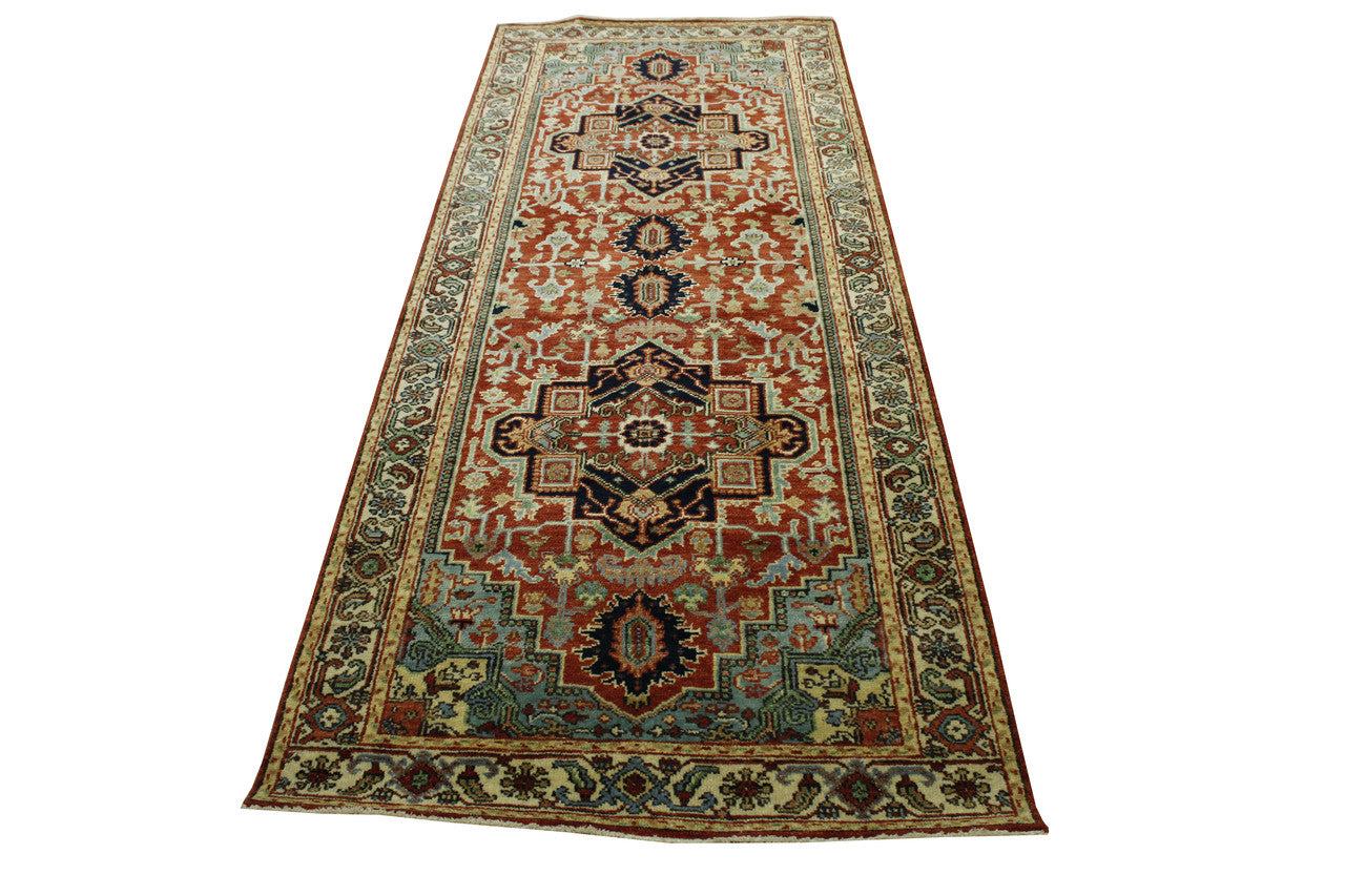 Tribal Heriz Wool Hand Knotted Rug 4.0X10.0 -w5091