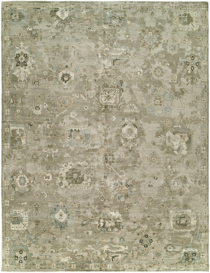 Transitional hand-knotted silk rug in beige and gray, full view