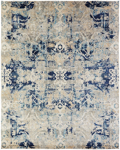 Transitional hand-knotted silk rug in gray and navy blue, full view