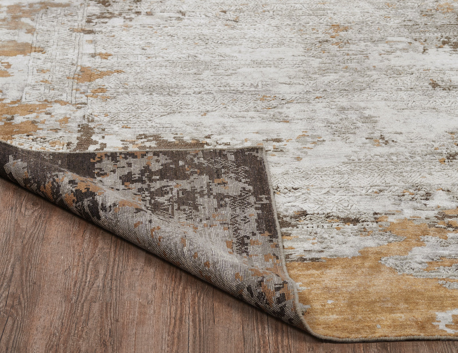 Rectangle shape option, transitional silk rug in beige and gray