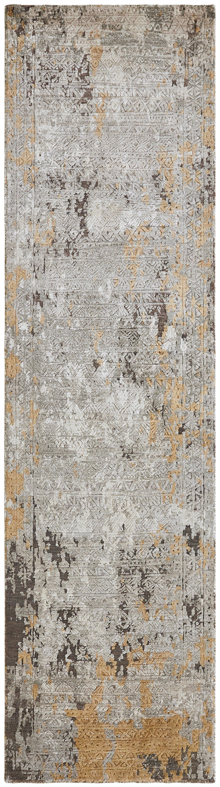 Beige and gray transitional silk rug in room setting