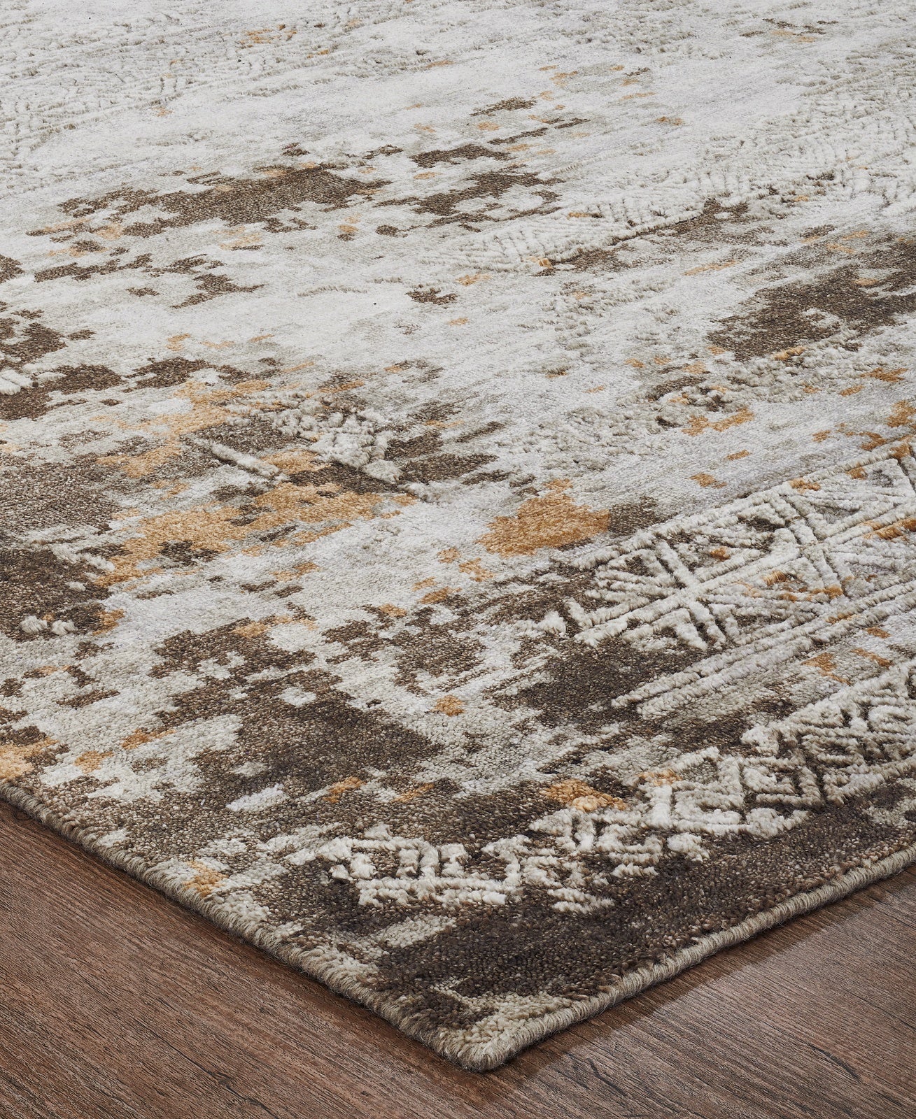Round shape option, transitional silk rug in beige and gray