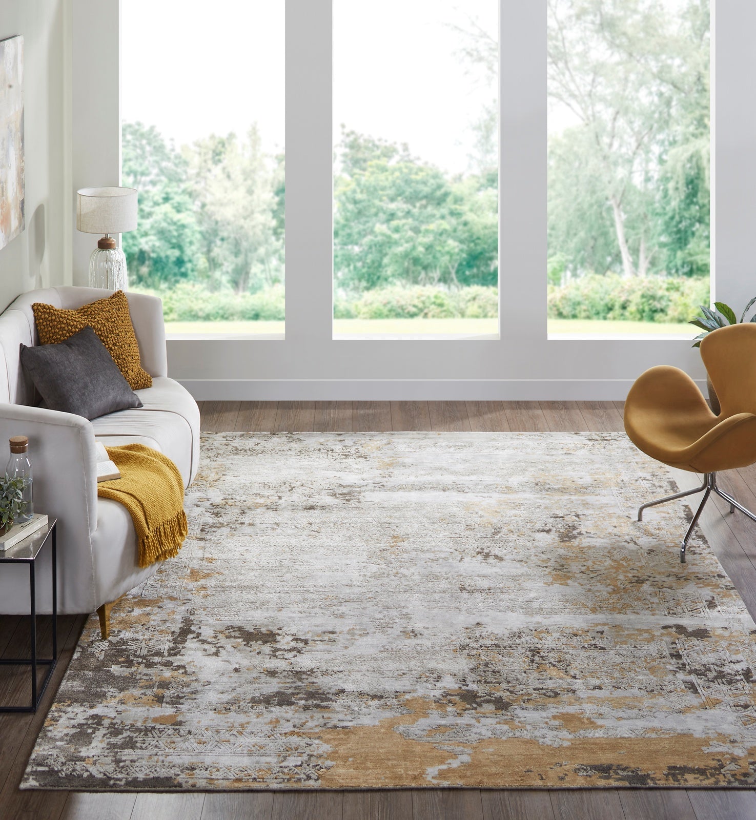 Square shape option, transitional silk rug in beige and gray