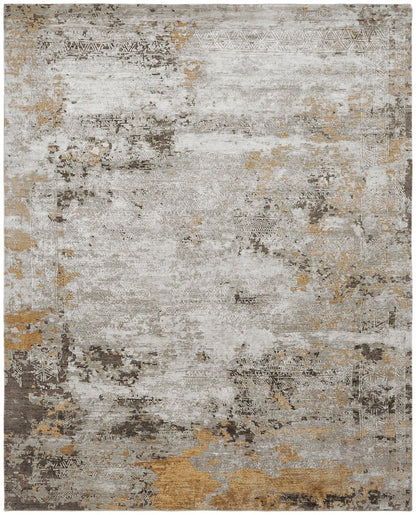 Transitional hand-knotted silk rug in beige and gray, full view