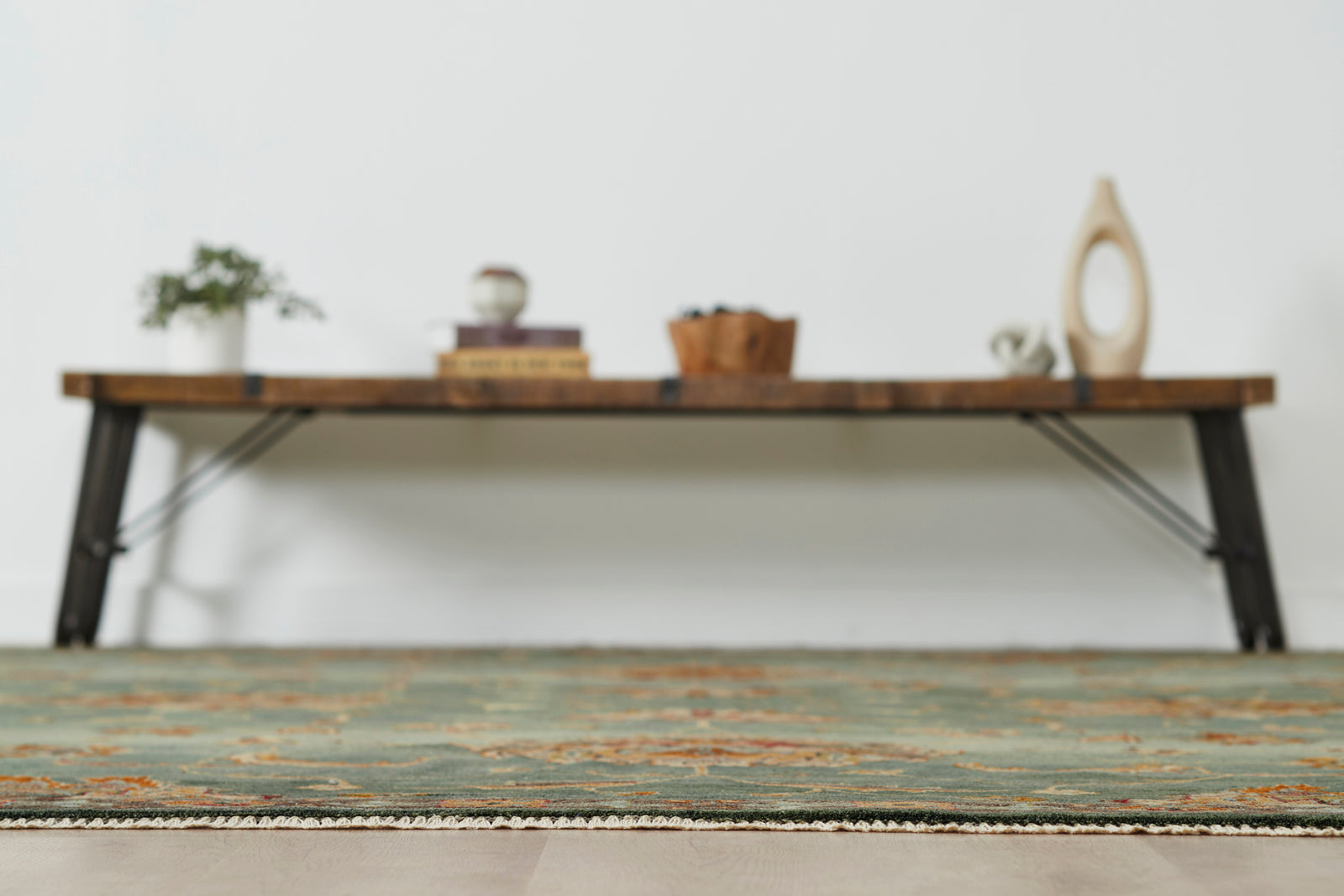 Southwest tribal pattern detail, blue and brown rug