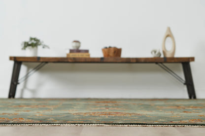 Southwest tribal pattern detail, blue and brown rug
