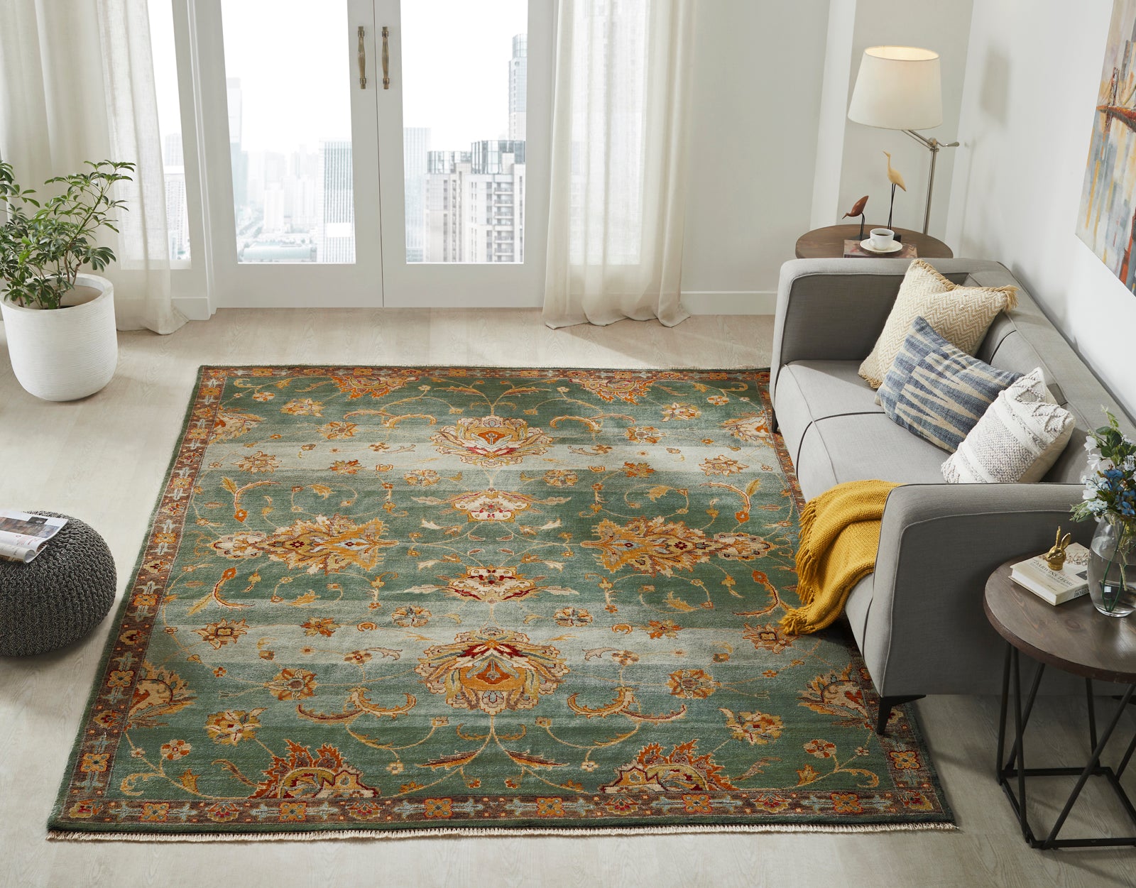 Blue and brown Southwest tribal rug in room setting