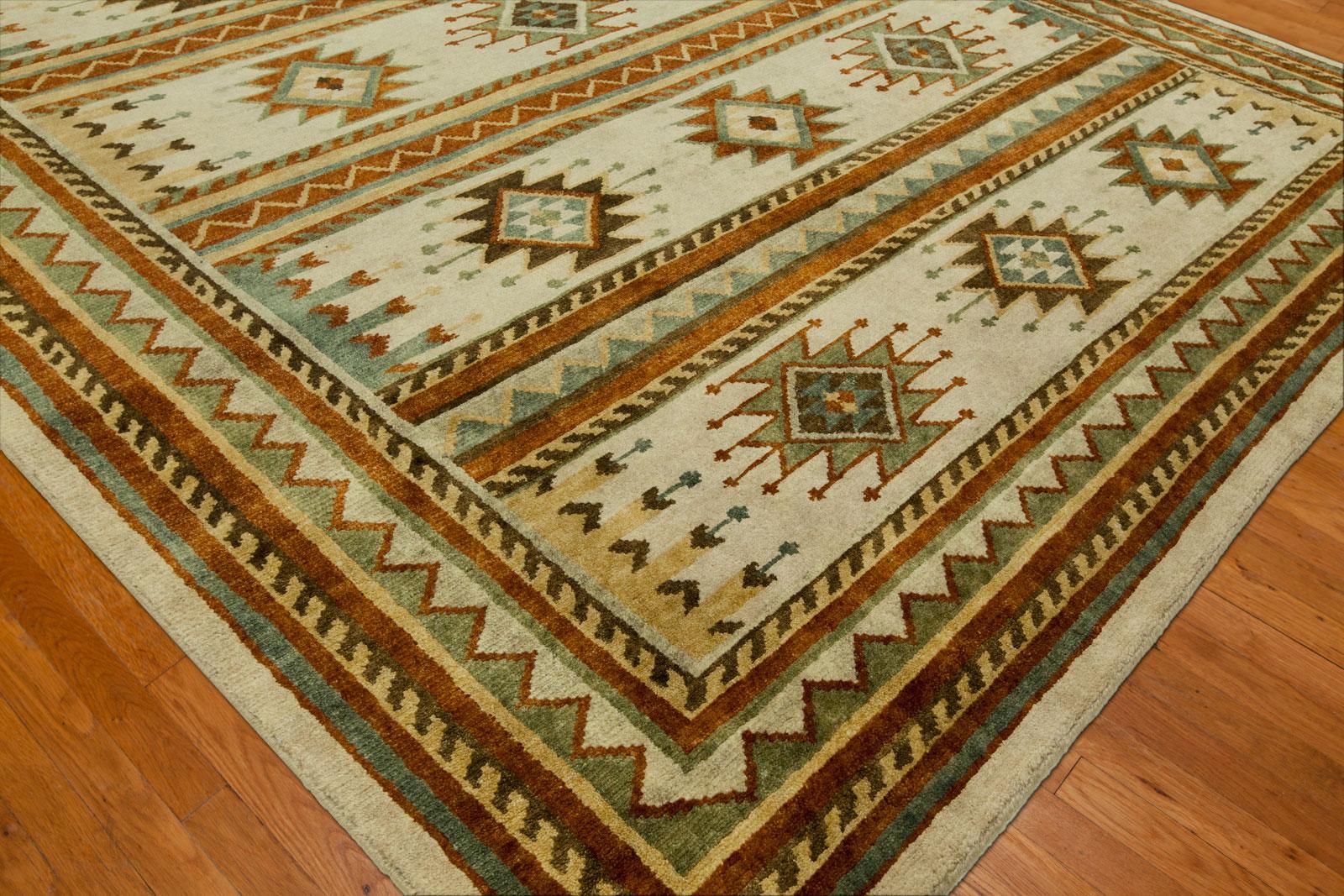Beige and brown Southwest tribal rug in room setting