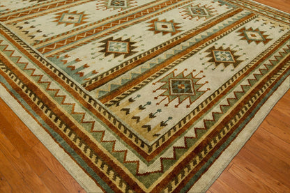 Beige and brown Southwest tribal rug in room setting