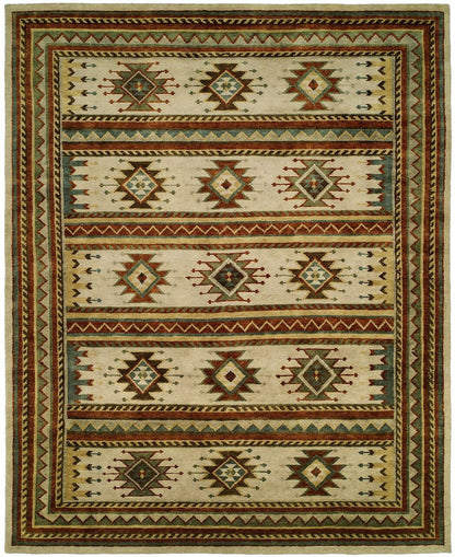 Southwest tribal hand-knotted wool rug in beige and brown, full view