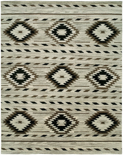 Hand-knotted wool rug in beige and black, full view