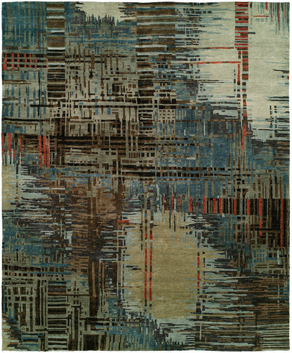 Modern hand-knotted wool rug in blue and brown, full view