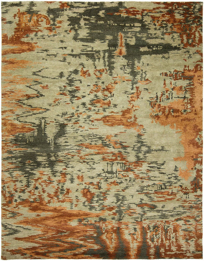 Modern hand-knotted wool rug in beige and orange, full view