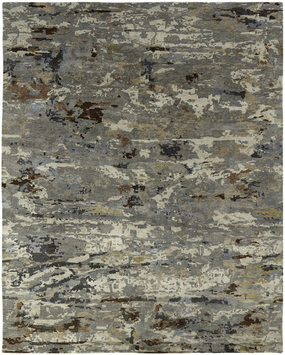 Modern hand-knotted wool rug in gray and beige, full view