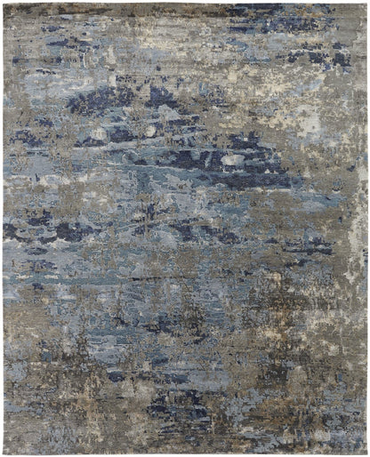 Modern hand-knotted wool-silk rug in blue and gray, full view