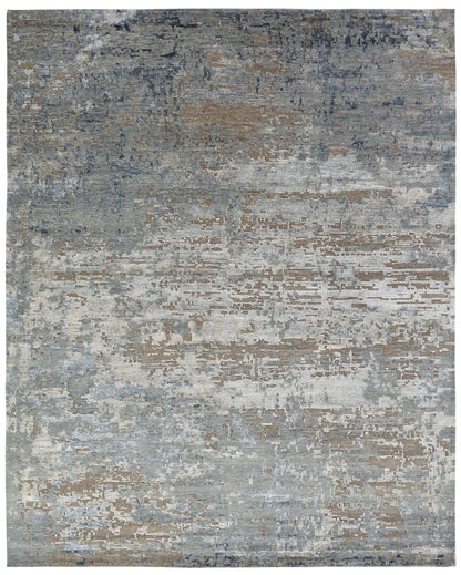 Modern hand-knotted wool-silk rug in gray and blue, full view
