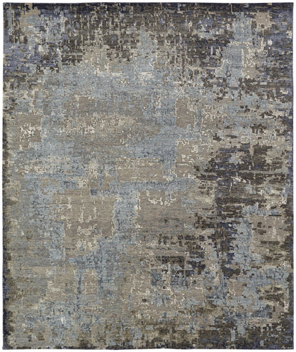 Modern hand-knotted wool-silk rug in blue and gray, full view