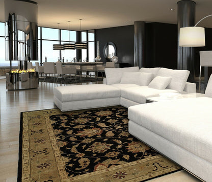 Round shape option, traditional wool rug in black and gold