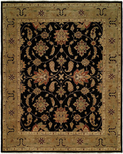 Traditional hand-knotted wool rug in black and gold, full view