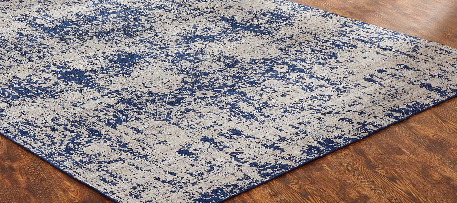 Round shape option, transitional wool-silk rug in blue and gray