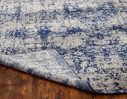 Square shape option, transitional wool-silk rug in blue and gray