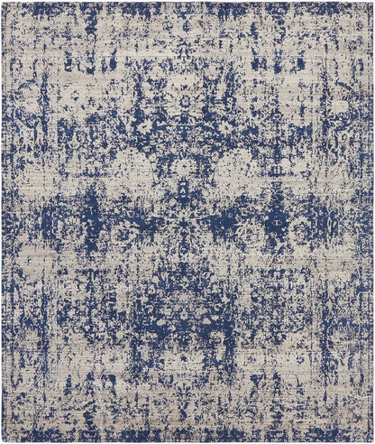 Transitional handloom wool-silk rug in blue and gray, full view