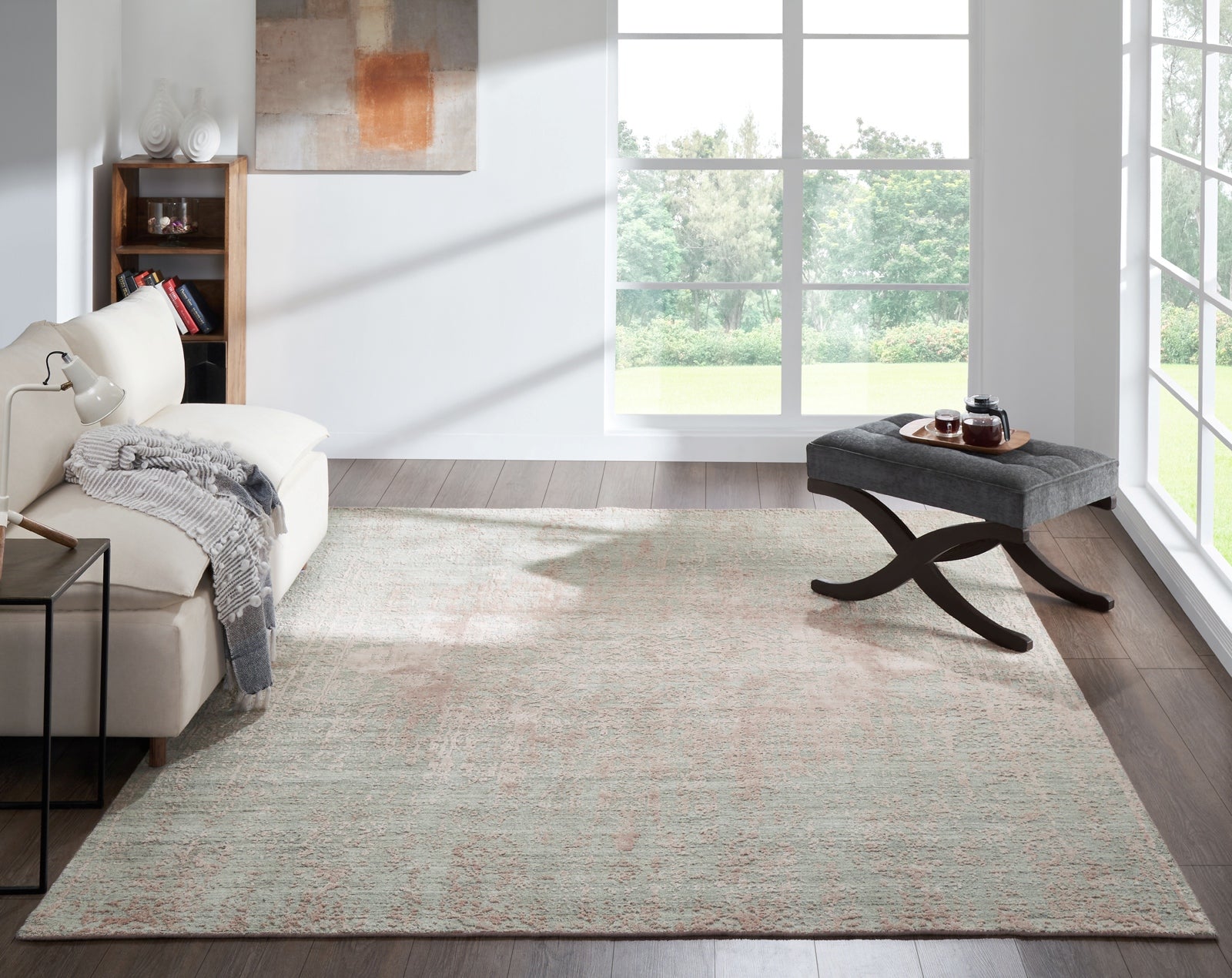 Gray transitional wool-silk rug in room setting