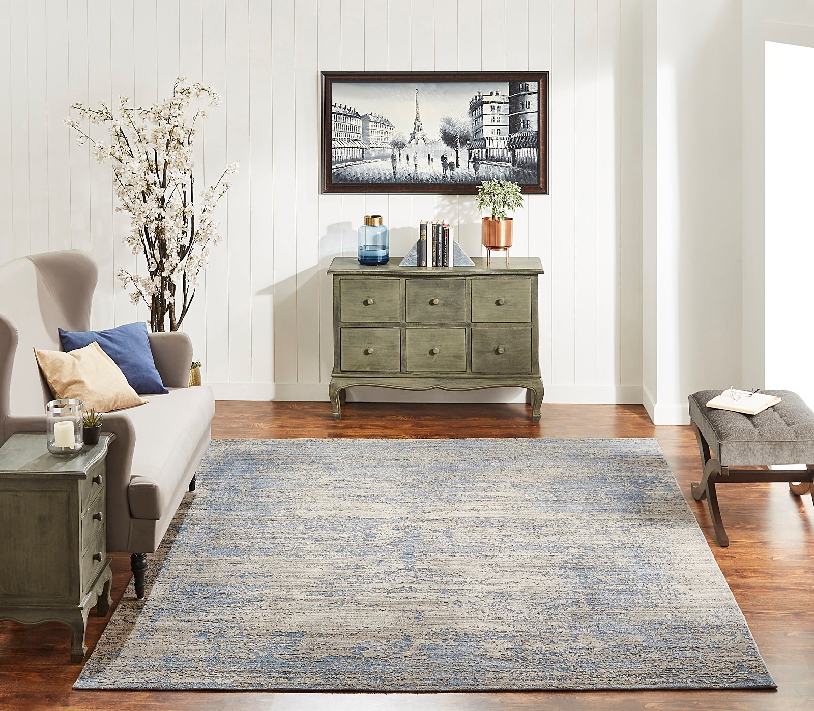 Blue and gray transitional wool-silk rug in room setting